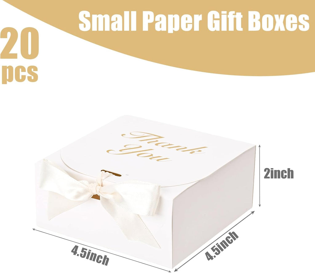 20PCS Thank You Gift Boxes, 4.5X4.5X1.9Inches Mini Party Favor Boxes White Treat Bags with Bow Ribbon for Wedding Bridal Baby Shower Birthday Party