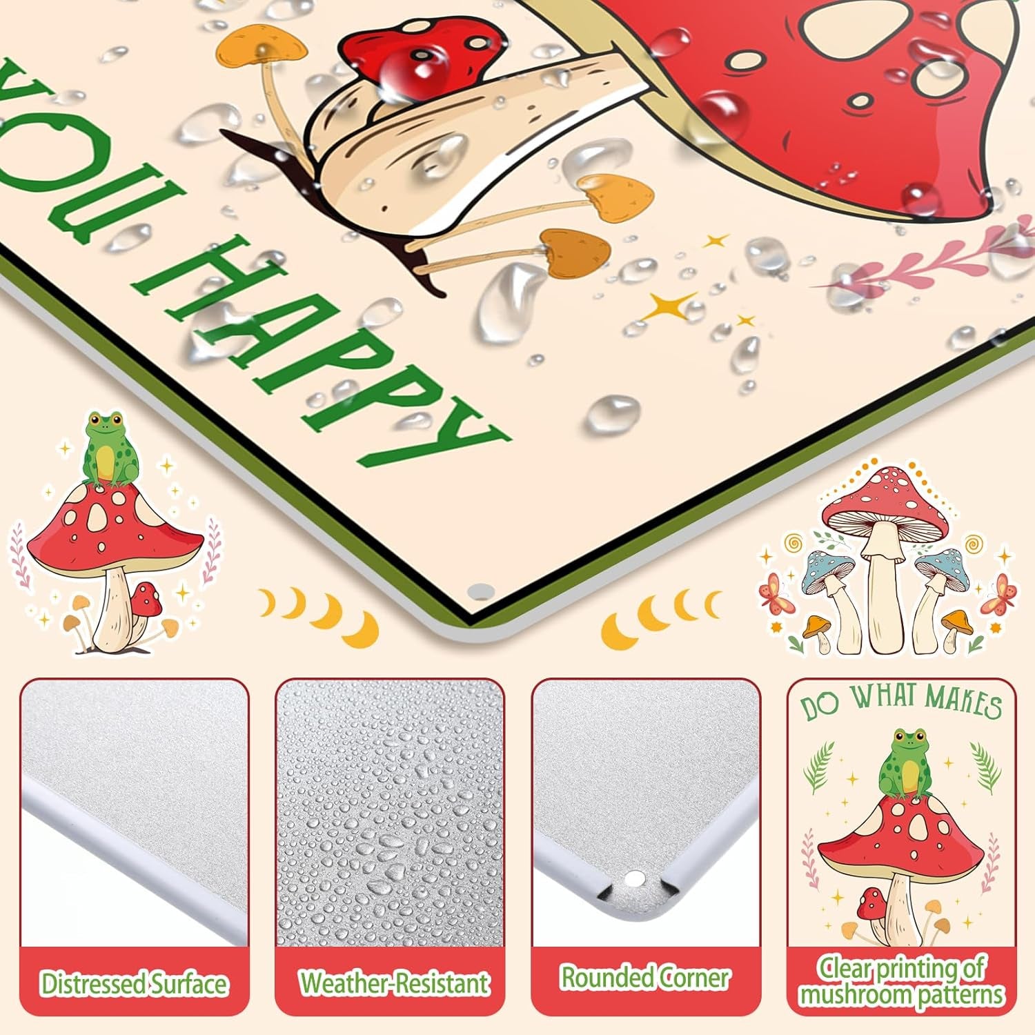 2 Pcs Funny Mushroom Decor Vintage Tin Signs Frog Decor Do What Makes You Happy Sign Stay Wild Moon Child Sign Retro Mushroom Wall Nature Ornament for Bathroom Forest Room, 12 X 8 Inch