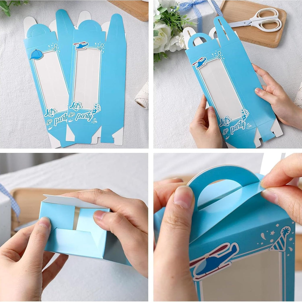 12PCS Party Favor Boxes,3" X 2" X 9" Blue Doll Gift Boxes with Window Handle for Boys Birthday Bridal Shower Party