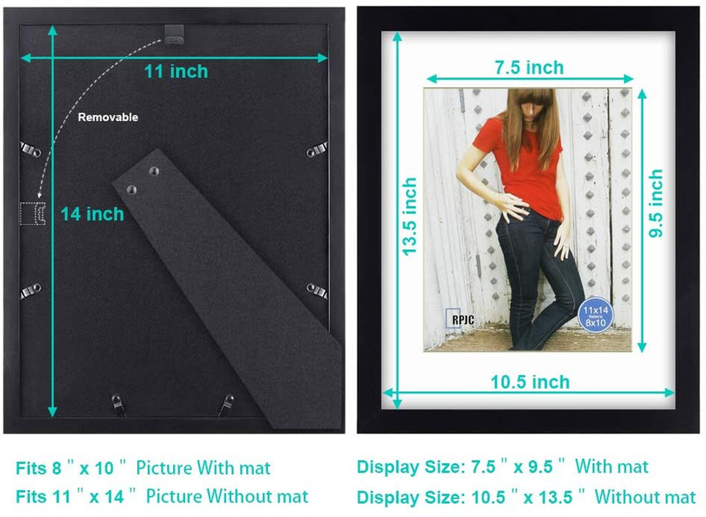 11X14 Inch Picture Frame Made of Solid Wood and High Definition Glass Display Pictures 8X10 with Mat or 11X14 without Mat for Table Top Display and Wall Mounting Photo Frame with Stand Black