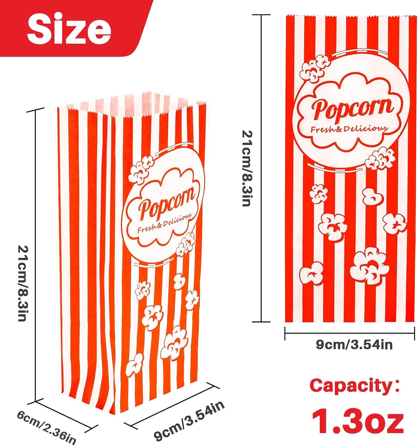 100 Popcorn Bags Flat Bottom - Paper Popcorn Food Bags Individual Servings Party Pop Corn Sleeves Bulk Carnival Halloween Snack Pack Gift Favor Treat Bolsas Para Palomitas Movie Night Supplies