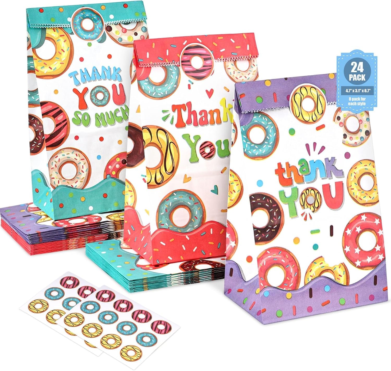 24PCS Donut Party Favor Bags, Paper Gift Bags Goodie Bags with Stickers Candy Bags for Kids Birthday Party