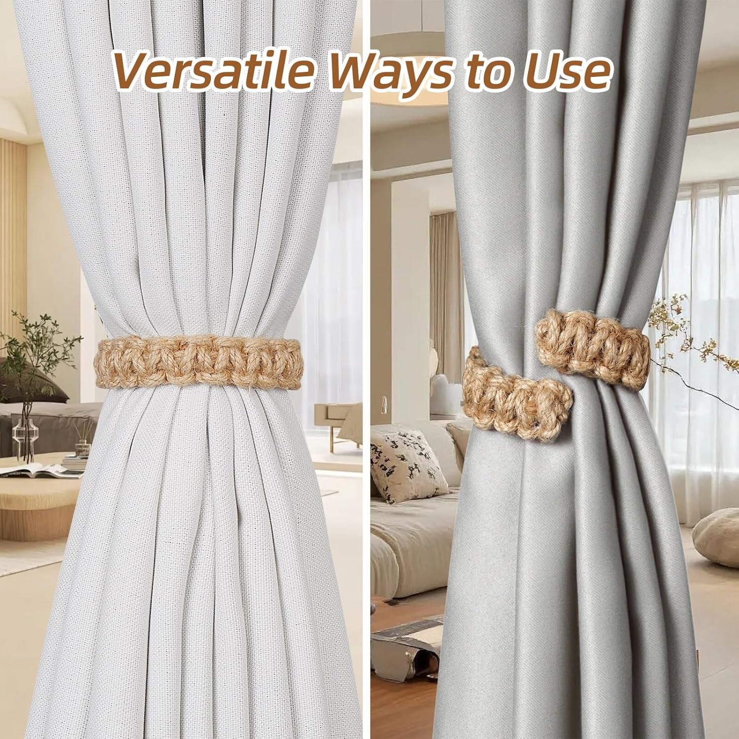 2 Pack Jute Curtain Tiebacks, Braided Curtain Holdbacks No Drill, Boho Curtain Tie Backs, Decorative Rustic Wicker Curtain Holders for Drapes in Bedroom, Nursery, Living Room