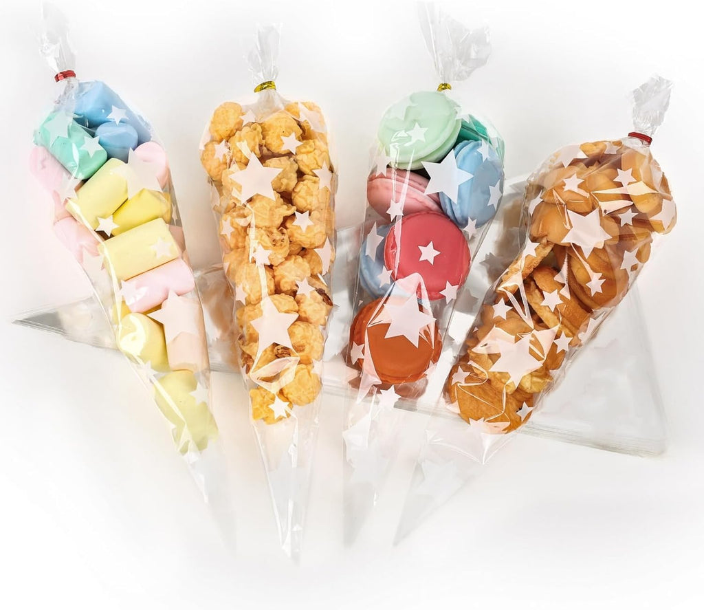 200 Pack Cone Shaped Treat Bags, 6.3X11.8 Inch Medium Transparent Cone Cello Sweet Popcorn Bags with 200 Pieces Ties for Wedding Birthday Party Favor