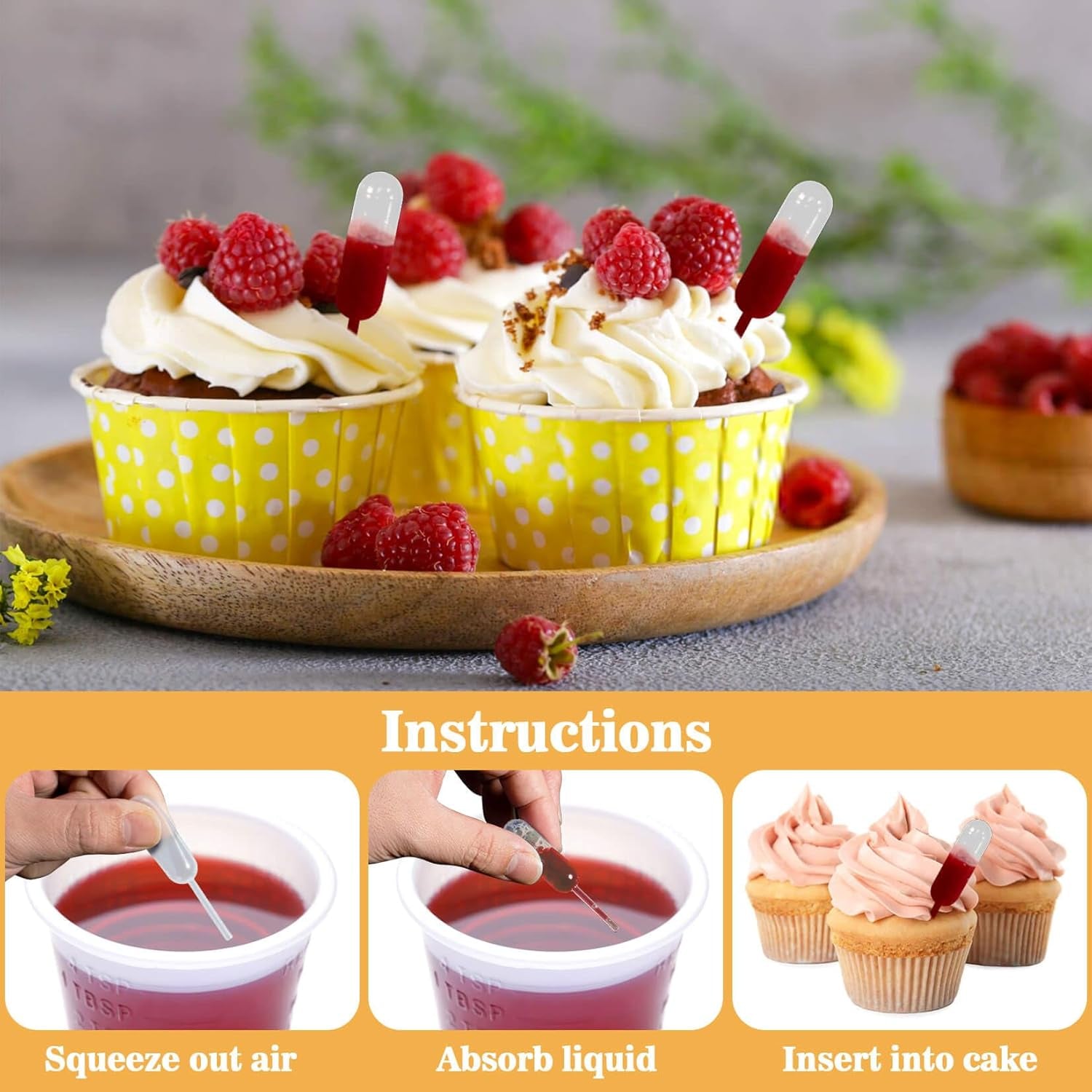 100 Plastic Pipettes Dropper for Cupcakes - 4Ml Disposable Cupcake Pipettes Cupcake Injector Mini Pipettes Pippets Disposable Droppers Pipets Liquor Alcohol Infuser Small Strawberry Pippettes
