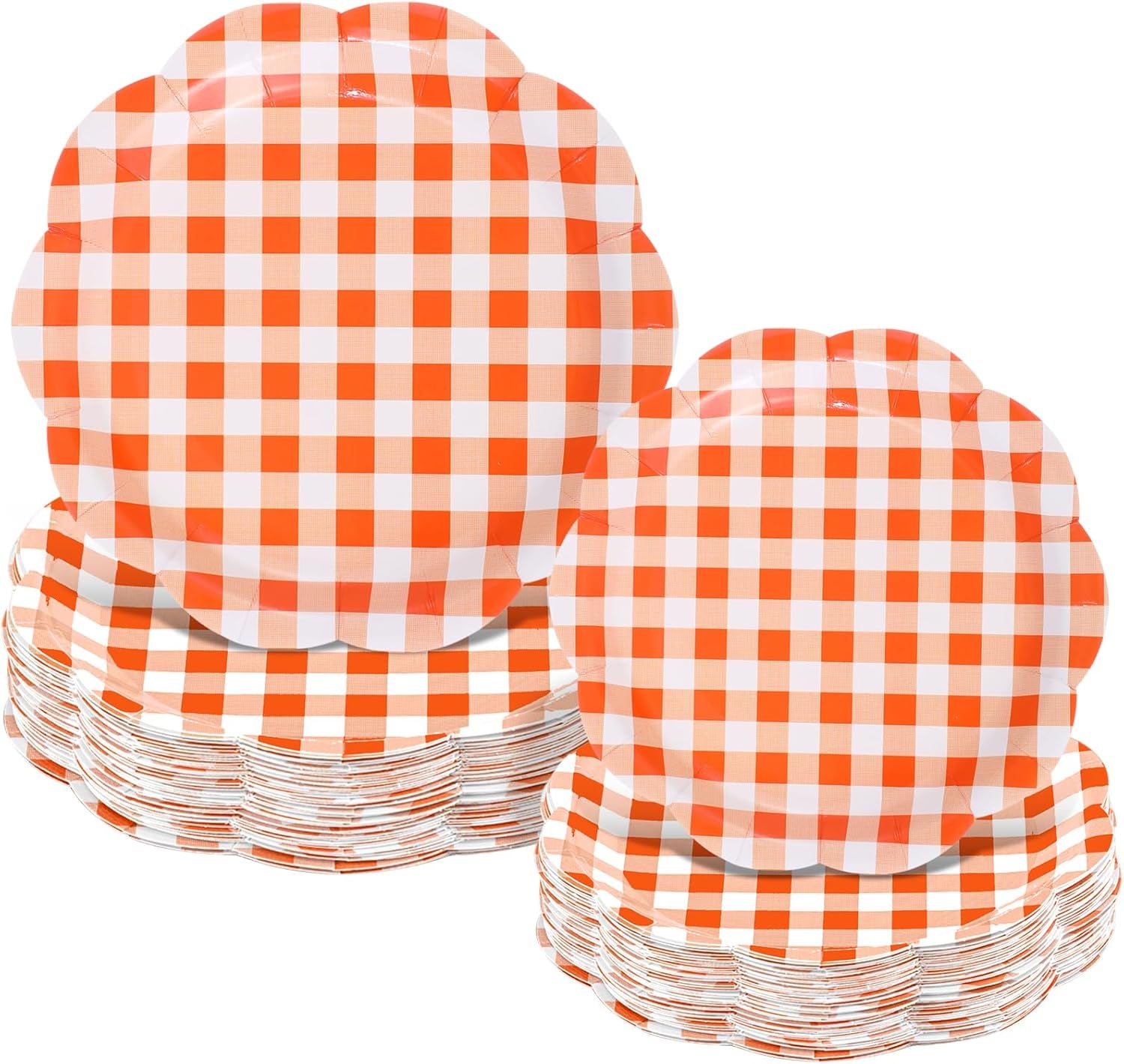 100 Pack Christmas Paper Plates 9" & 7" Snowman Winter Gingham Disposable Dessert Plates for Holiday Xmas Party Supplies(Scalloped,Orange)
