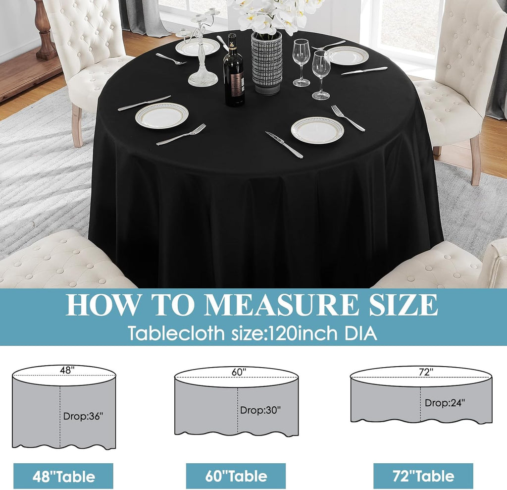 1 Pack 120Inch round Tablecloth Polyester Table Cloth, Stain Resistant and Wrinkle Polyester Dining Table Cover for Kitchen Dinning Party Wedding Rectangular Tabletop Buffet Decoration(Black)