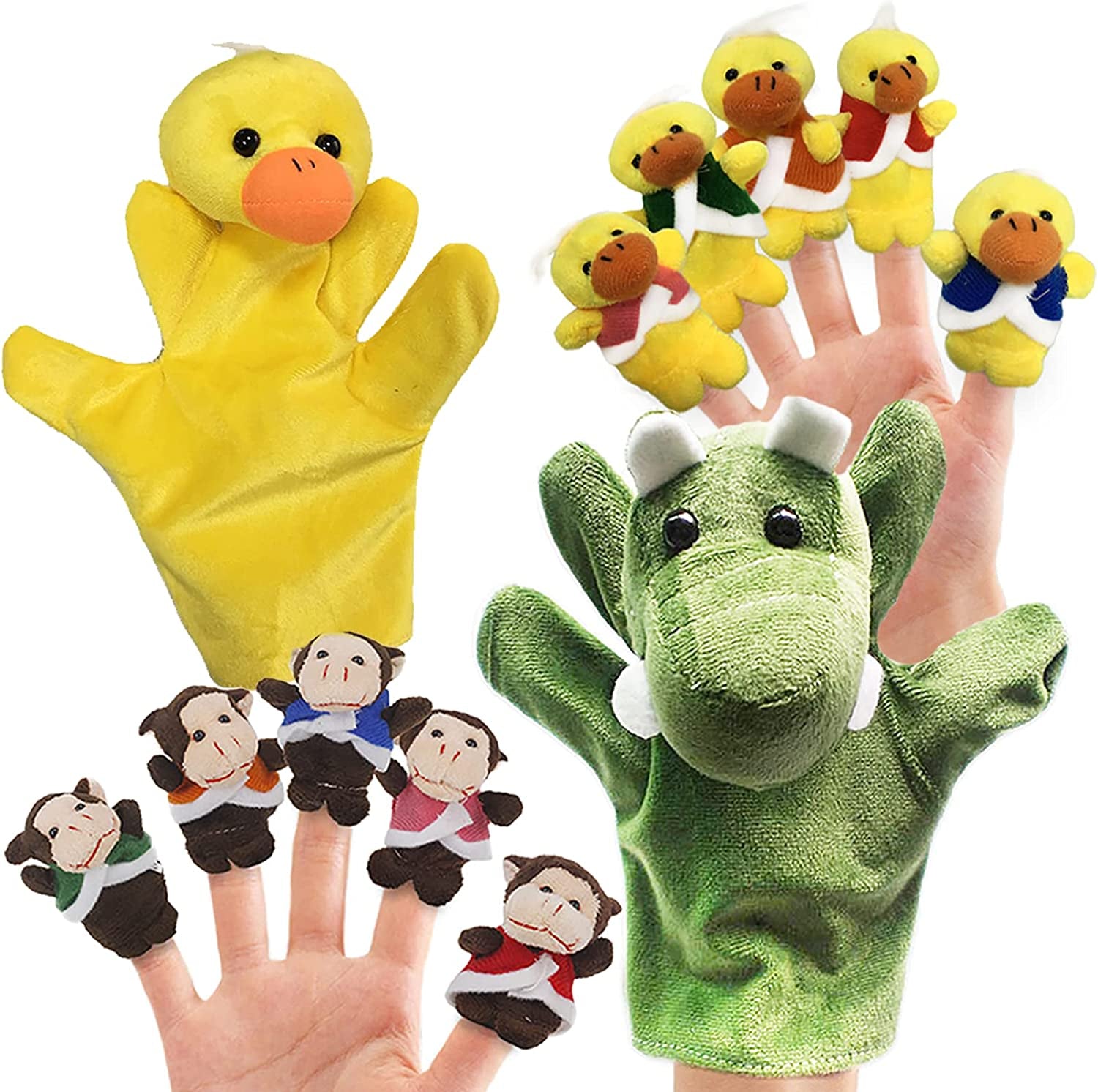 12Pcs Plush Monkeys Ducks Finger Puppets Set for Toddlers with Animals Hand Puppets